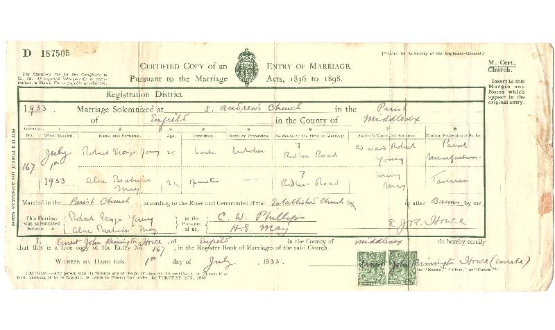 Marriage Cert Robert Young Alice May